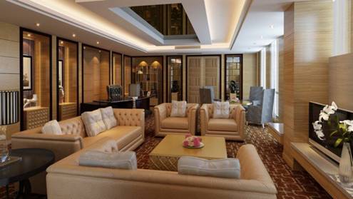 Phòng khách sang trọng với toàn bộ nội thất màu be