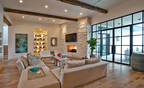 Phòng khách với bức tường đá thô làm điểm nhấn phòng khách đẹp